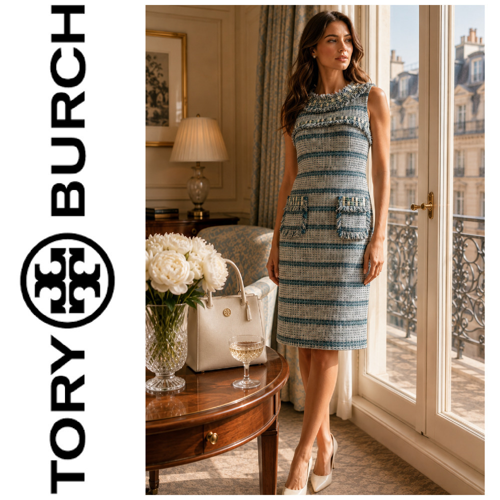 Tory Burch Curtis Tweed Dress Sz 14 Blue Fringe Beaded Sleeveless Lined Couture